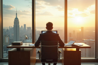 Homme d'affaires confiant dans un bureau moderne avec vue urbaine