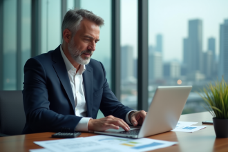 Homme d'affaires en costume bleu travaillant sur son laptop