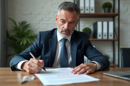 Homme d'affaires en costume examine un contrat avec date d'expiration entourée