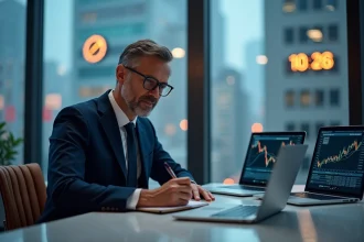 Homme d'affaires en costume dans un bureau moderne avec vue sur New York et Paris