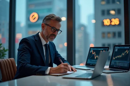 Homme d'affaires en costume dans un bureau moderne avec vue sur New York et Paris