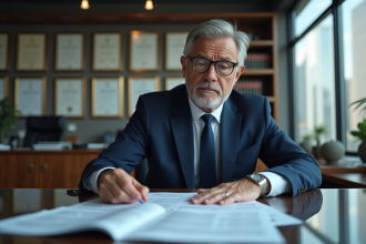 Homme d'affaires en costume bleu dans un bureau moderne