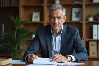 Homme d affaires en costume examine des documents financiers