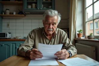 Homme âgé concentré sur des documents officiels dans sa cuisine