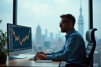 Homme d'âge moyen analysant des graphiques boursiers sur un ordinateur