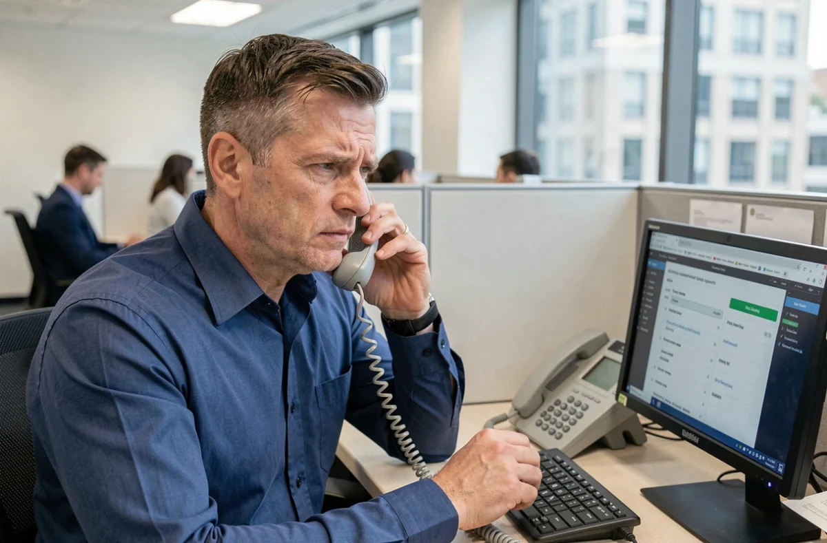 Homme en entreprise contactant le service client Boursorama depuis son bureau