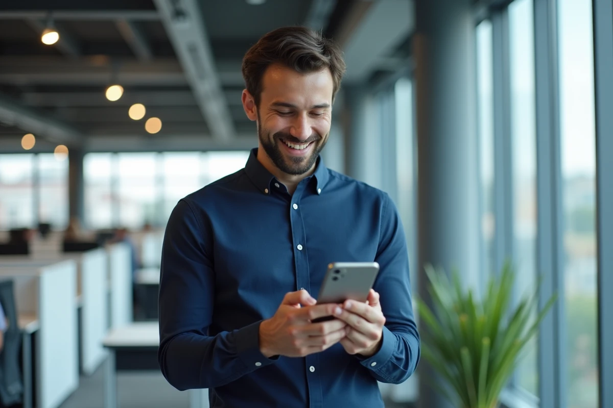 Homme consultant l'application Bimpli Amazon sur son téléphone portable pendant une pause au bureau