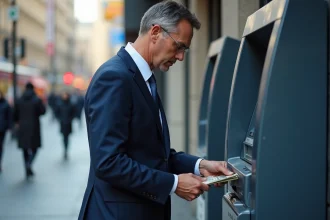 Homme d'affaires retirant de l'argent à un distributeur en ville