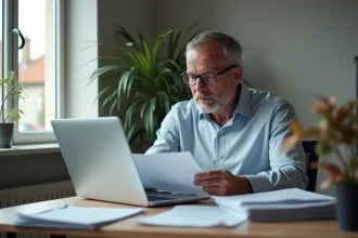 Homme d'affaires au bureau avec logo Banque Postale