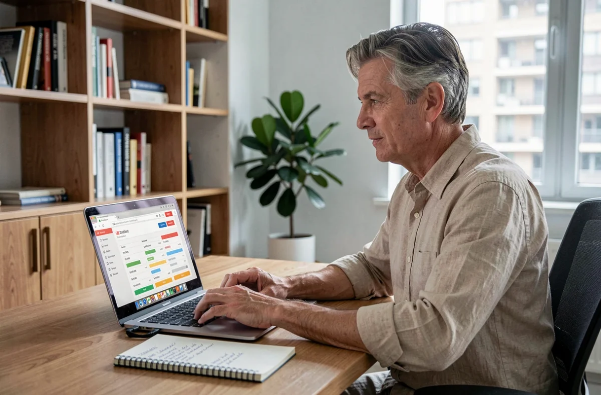 Homme consultant des graphiques de prix de cigarettes en Belgique sur un ordinateur portable avec un carnet de notes budgétaires, symbolisant l'adaptation à la hausse des prix du tabac en 2026