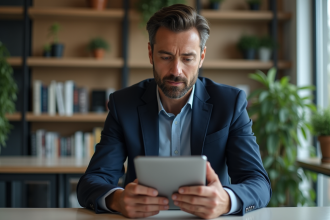 Homme en blazer regardant une tablette dans un bureau moderne