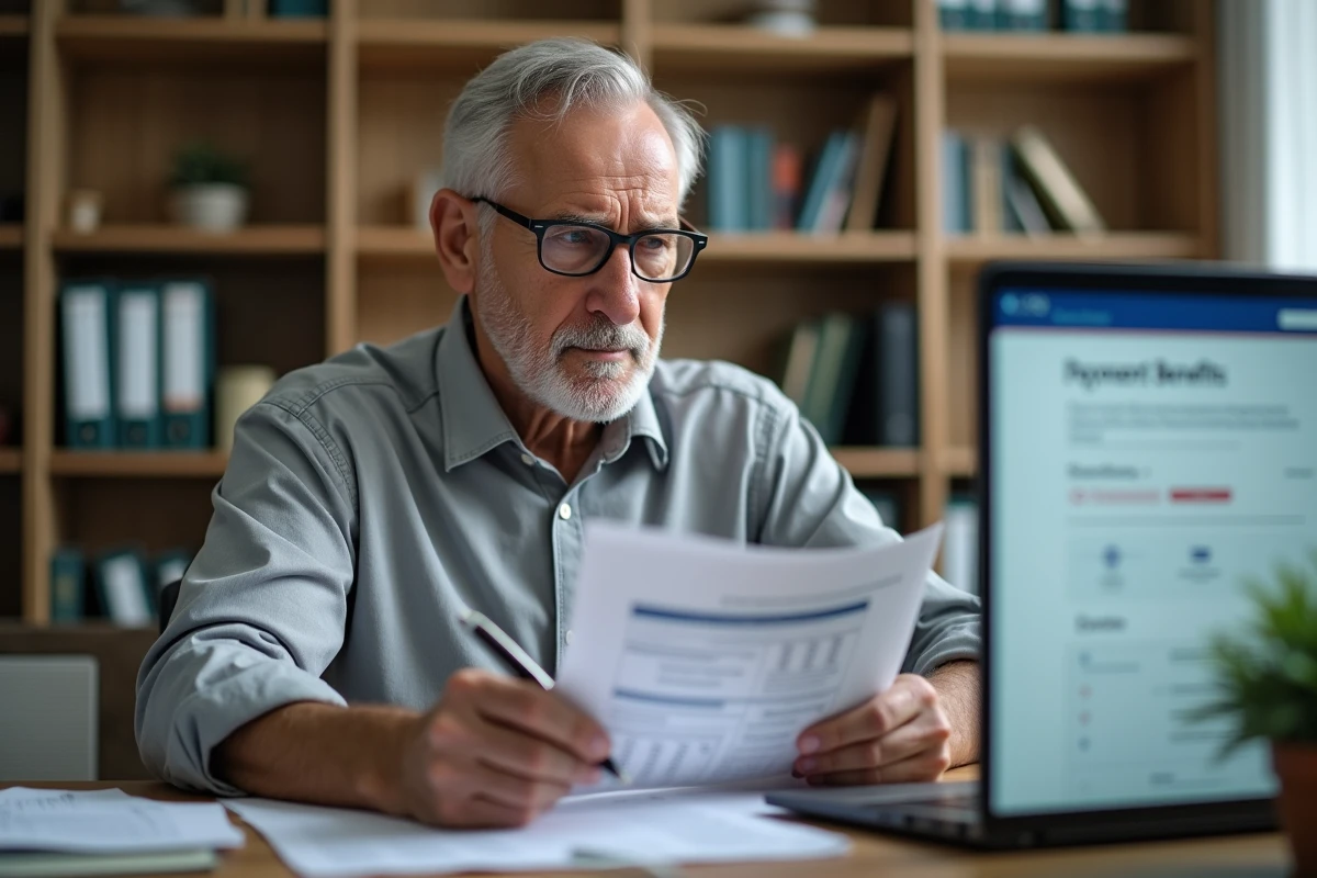 Homme consultant le calendrier de paiement pension invalidité 2026 sur son ordinateur à domicile