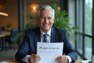Homme d'affaires souriant avec document de 30 ans de service