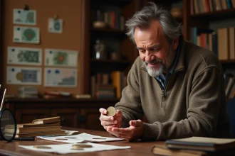 Homme d age examine une piece de 2euro JO 2026