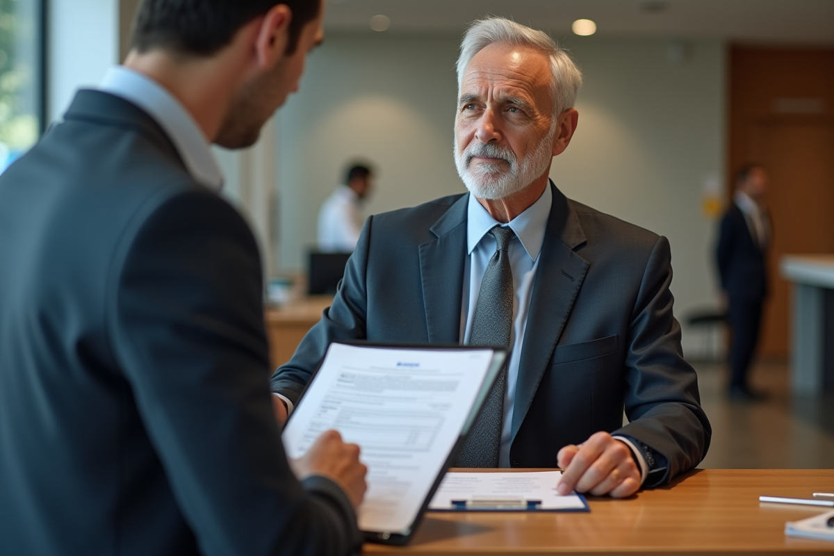Homme âgé discutant avec un conseiller bancaire en agence