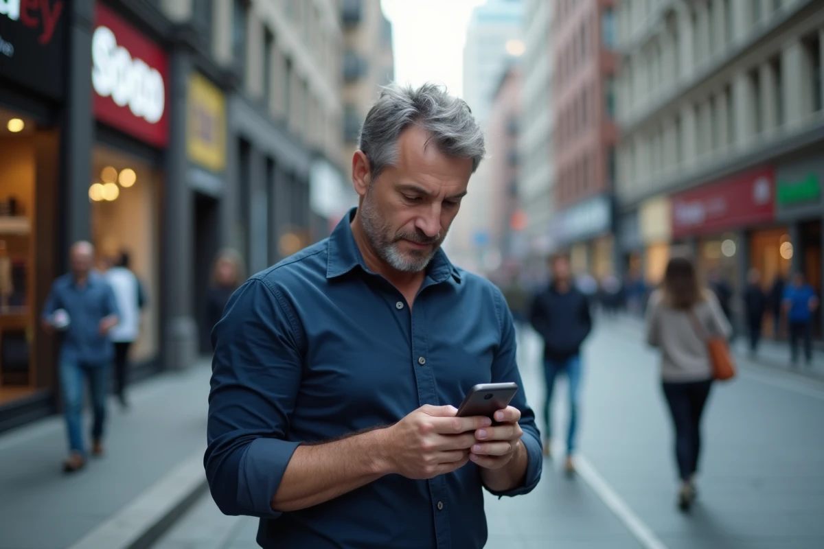 Homme consultant son application bancaire LCL sur smartphone dans une rue animée de la ville par manque de temps