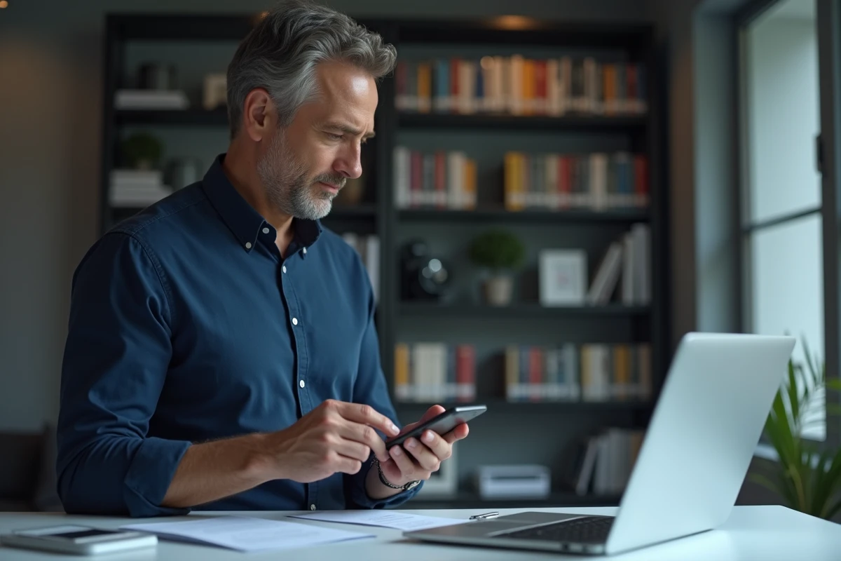 Homme consultant sa facture Free Mobile sur l'application depuis son bureau à domicile
