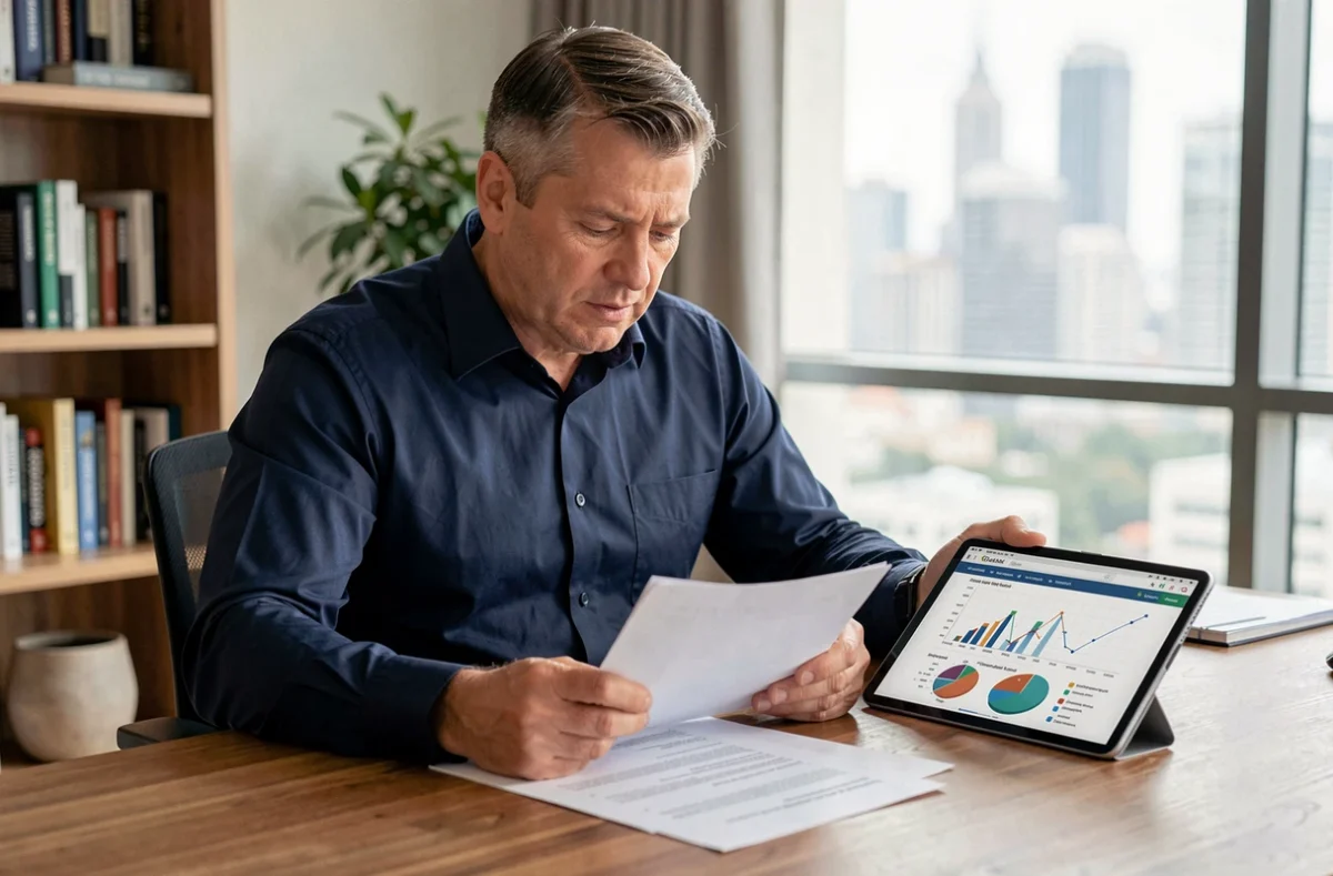 Homme consultant des documents financiers sur une SCPI en assurance vie à son bureau