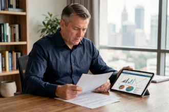 Homme consultant des documents financiers sur une SCPI en assurance vie à son bureau