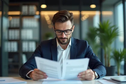 Homme en costume compare des documents de pret