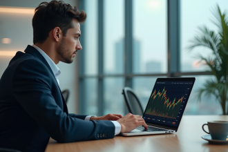Jeune homme en costume regardant un graphique crypto sur son ordinateur
