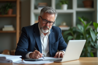 Homme d'affaires en costume bleu travaillant à son bureau à domicile