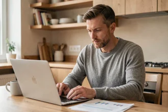 Homme consultant des documents financiers sur un ordinateur portable à la maison pour obtenir un prêt immédiat sans justificatif