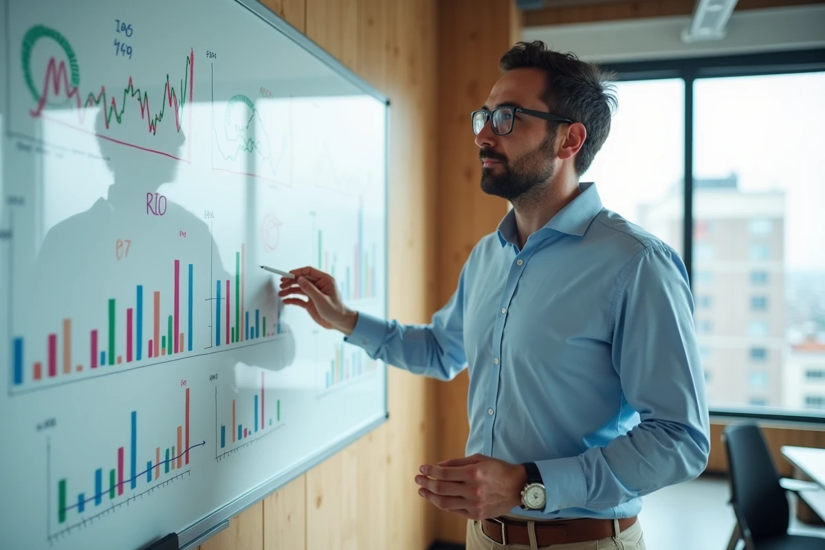 Homme discutant devant un tableau blanc avec graphiques