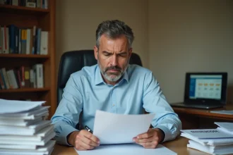 Homme consultant un document fiscal officiel à son bureau à domicile, illustrant les obligations déclaratives de la prime Macron