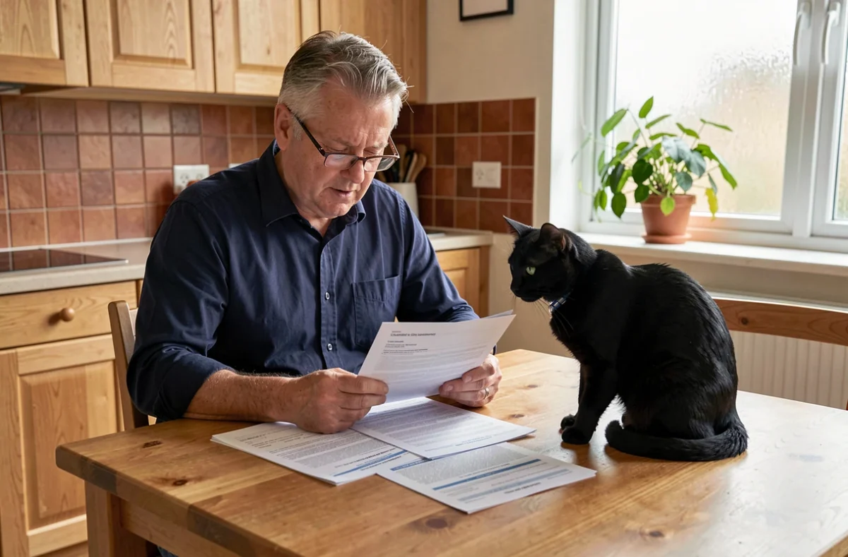 Homme d'âge moyen consultant des documents d'assurance chat à la table de cuisine avec son chat noir attentif à ses côtés
