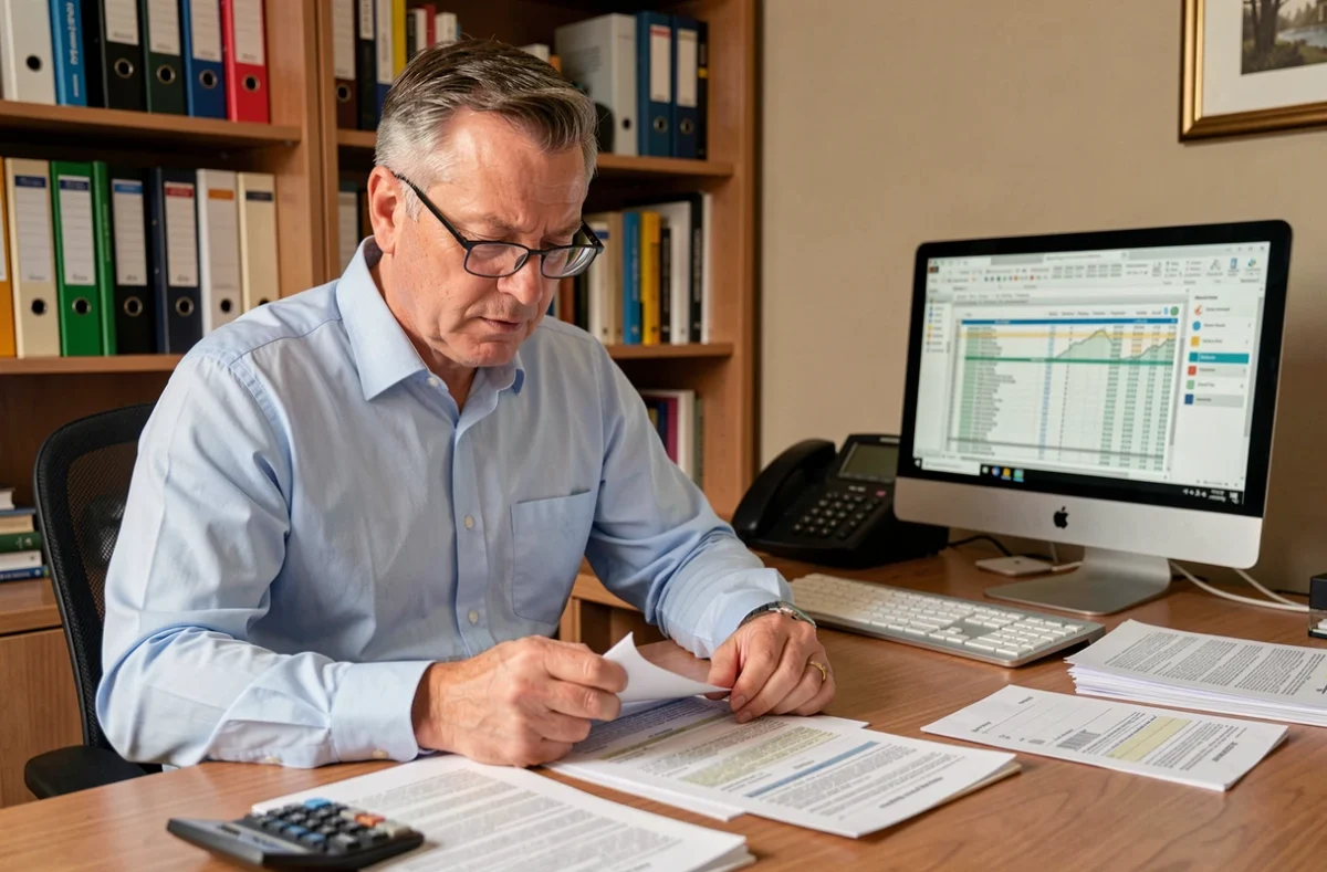 Homme consultant ses documents fiscaux et sa déclaration de revenus soumis au barème progressif sur son bureau à domicile