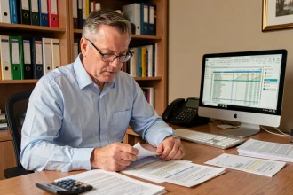 Homme consultant ses documents fiscaux et sa déclaration de revenus soumis au barème progressif sur son bureau à domicile