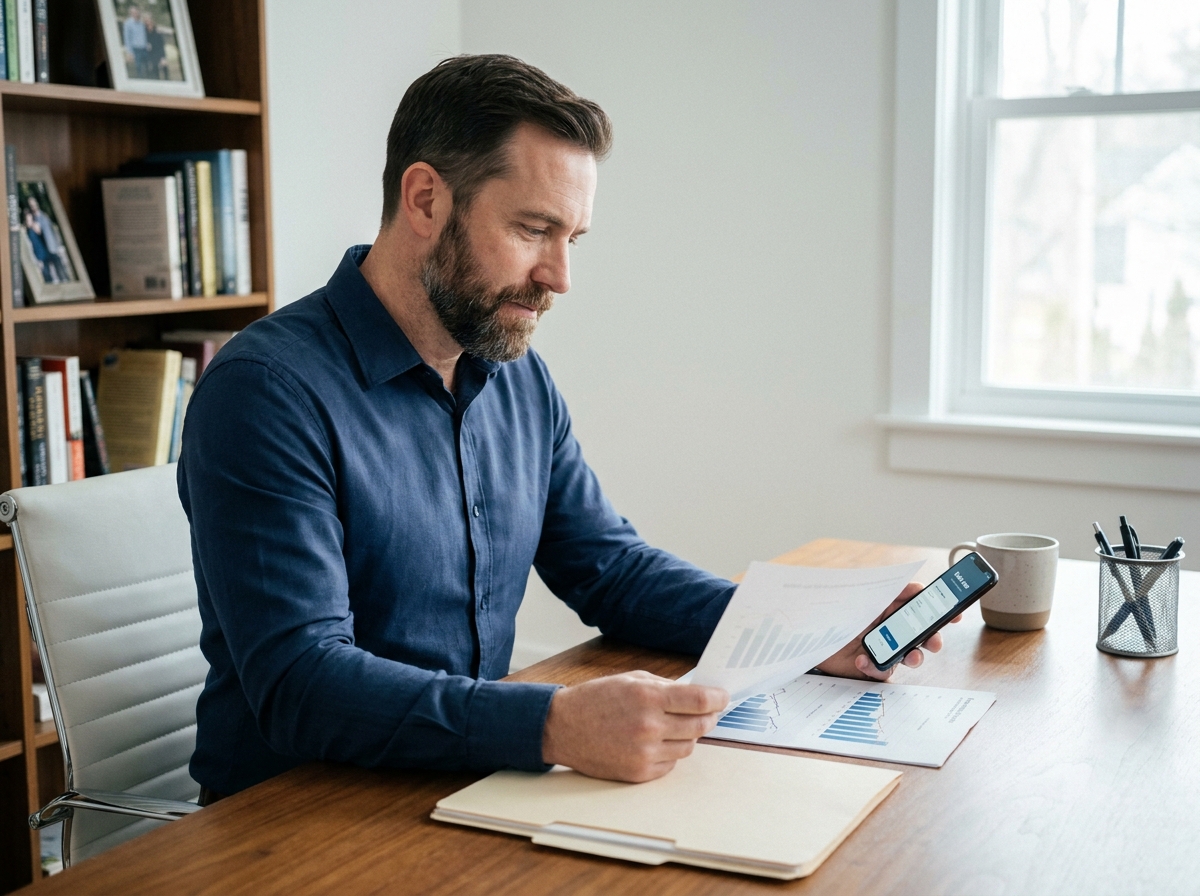 Homme consultant des documents financiers et une application de mini crédit sur smartphone dans son bureau à domicile