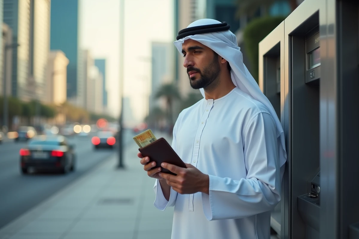 Homme Emirati retire des dirhams devant un ATM en ville