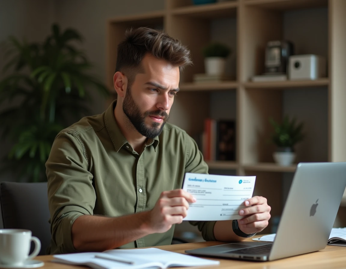 Homme vérifiant le délai d'encaissement d'un chèque de banque Crédit Agricole depuis son bureau à domicile