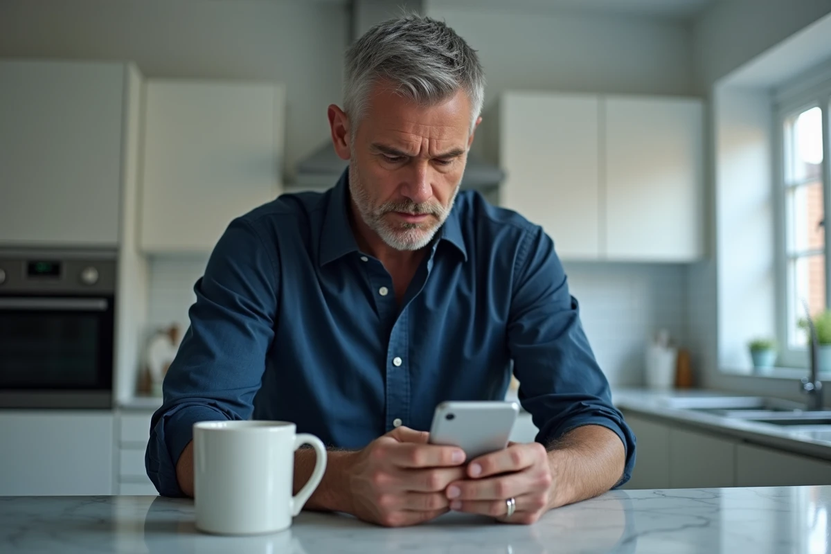 Homme consultant une erreur de connexion sur son smartphone au site Société Générale Particuliers dans sa cuisine