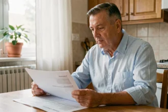 Un homme d'une cinquantaine d'années examine des documents d'assurance emprunteur Fidelidade à sa table de cuisine