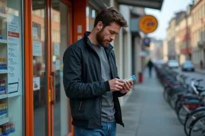 Homme regardant un paquet de cigarettes devant un magasin allemand