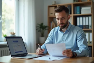 Homme consultant sa facture Free Mobile sur ordinateur portable pour déclaration fiscale