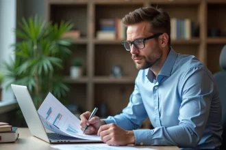 Homme d'affaires analysant des graphiques financiers au bureau