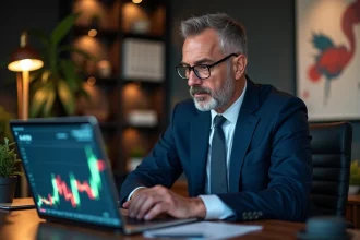 Homme d'âge moyen analysant un graphique financier sur son ordinateur