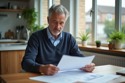 Homme d'âge moyen examinant des documents financiers à la maison