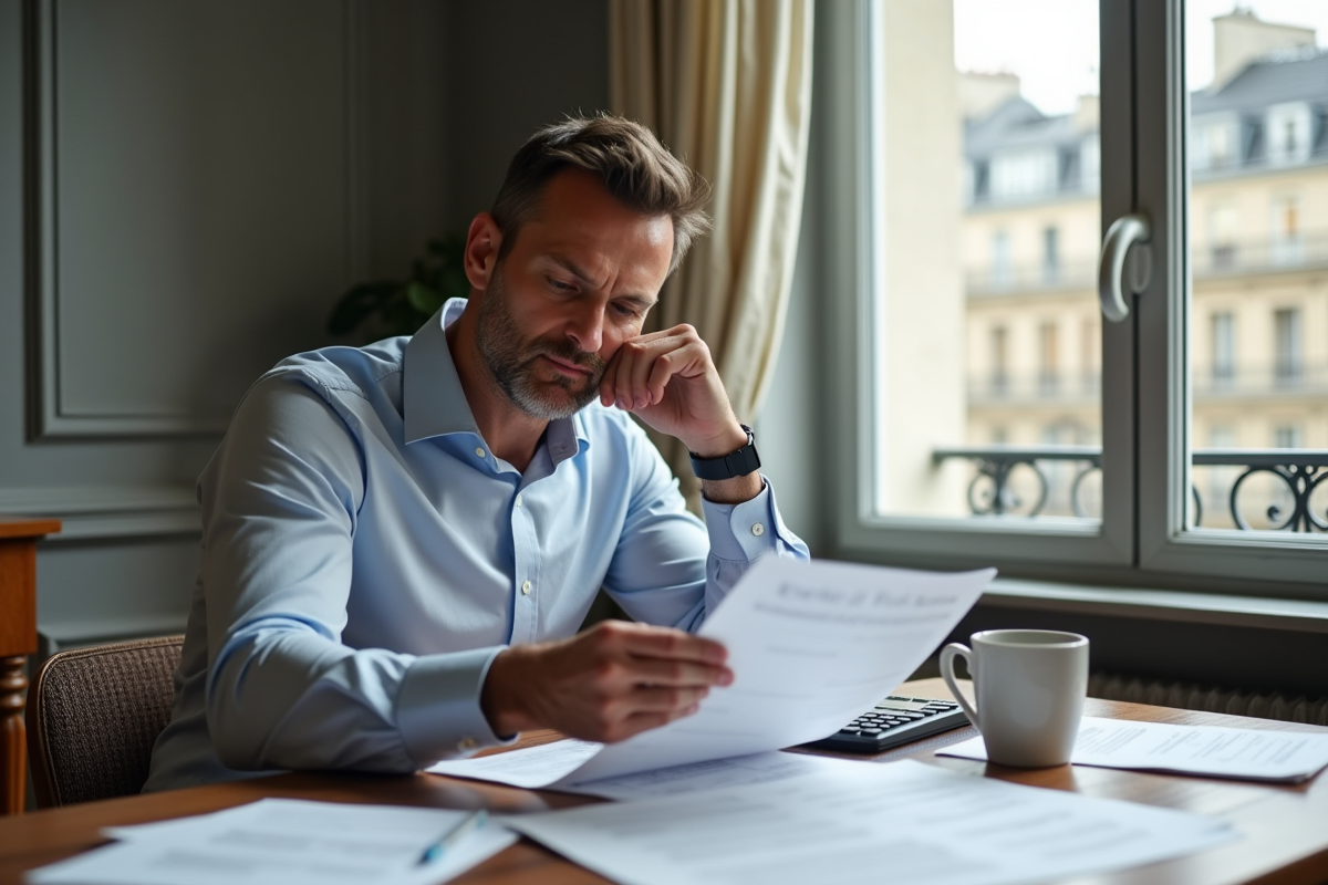 Homme d'âge moyen examinant des papiers financiers dans un appartement parisien