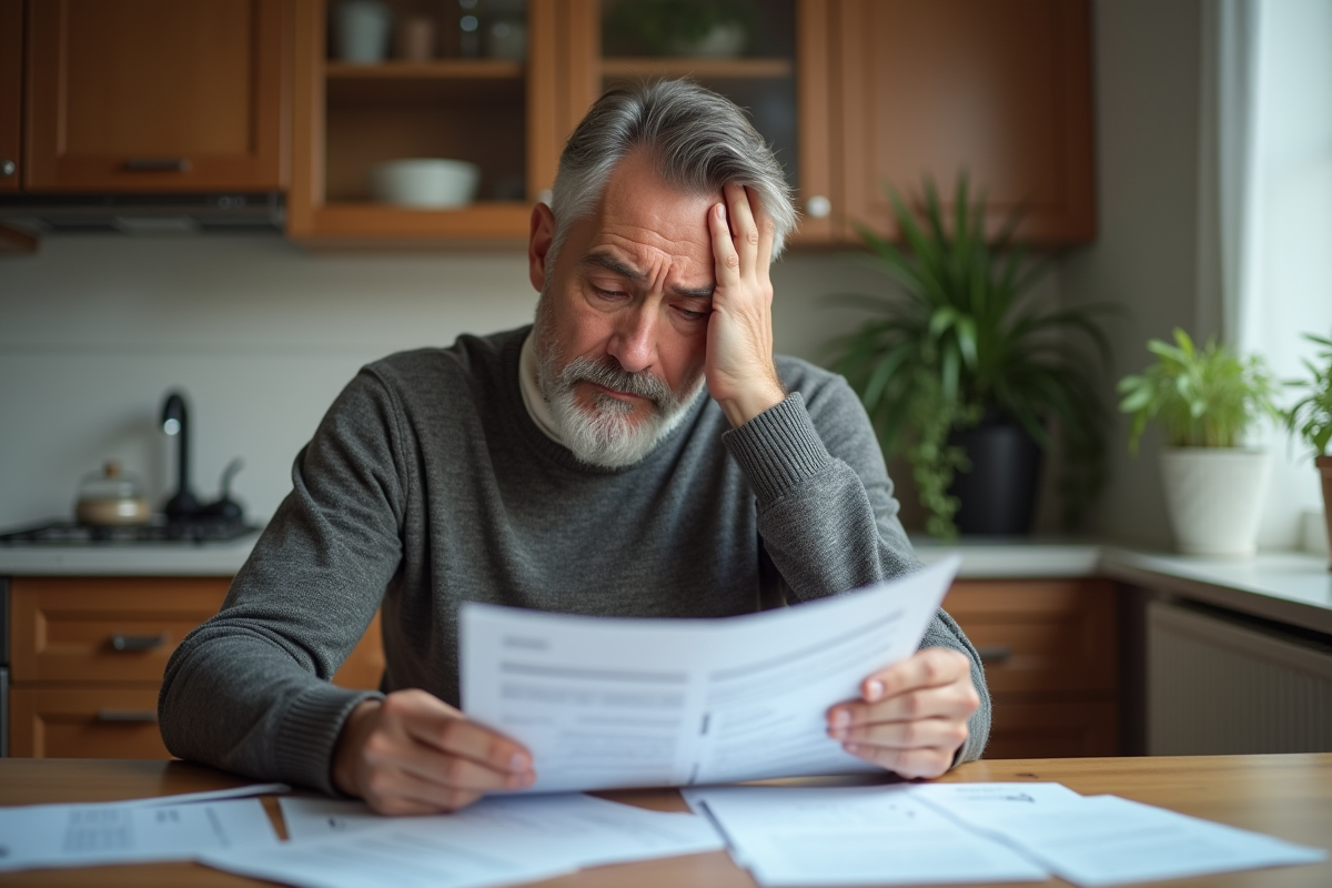 Homme inquiet en train de consulter ses papiers bancaires