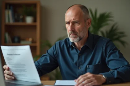 Homme inquiet lisant une lettre de refus bancaire à son bureau avec des documents financiers éparpillés, illustrant l'impact de l'interdit bancaire