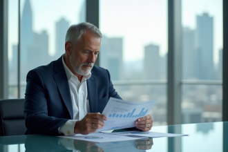 Homme d'affaires en réunion immobilière dans un bureau moderne