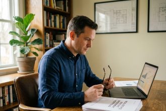 Homme consultant des documents d'investissement immobilier à son bureau, symbolisant la constitution d'un patrimoine immobilier