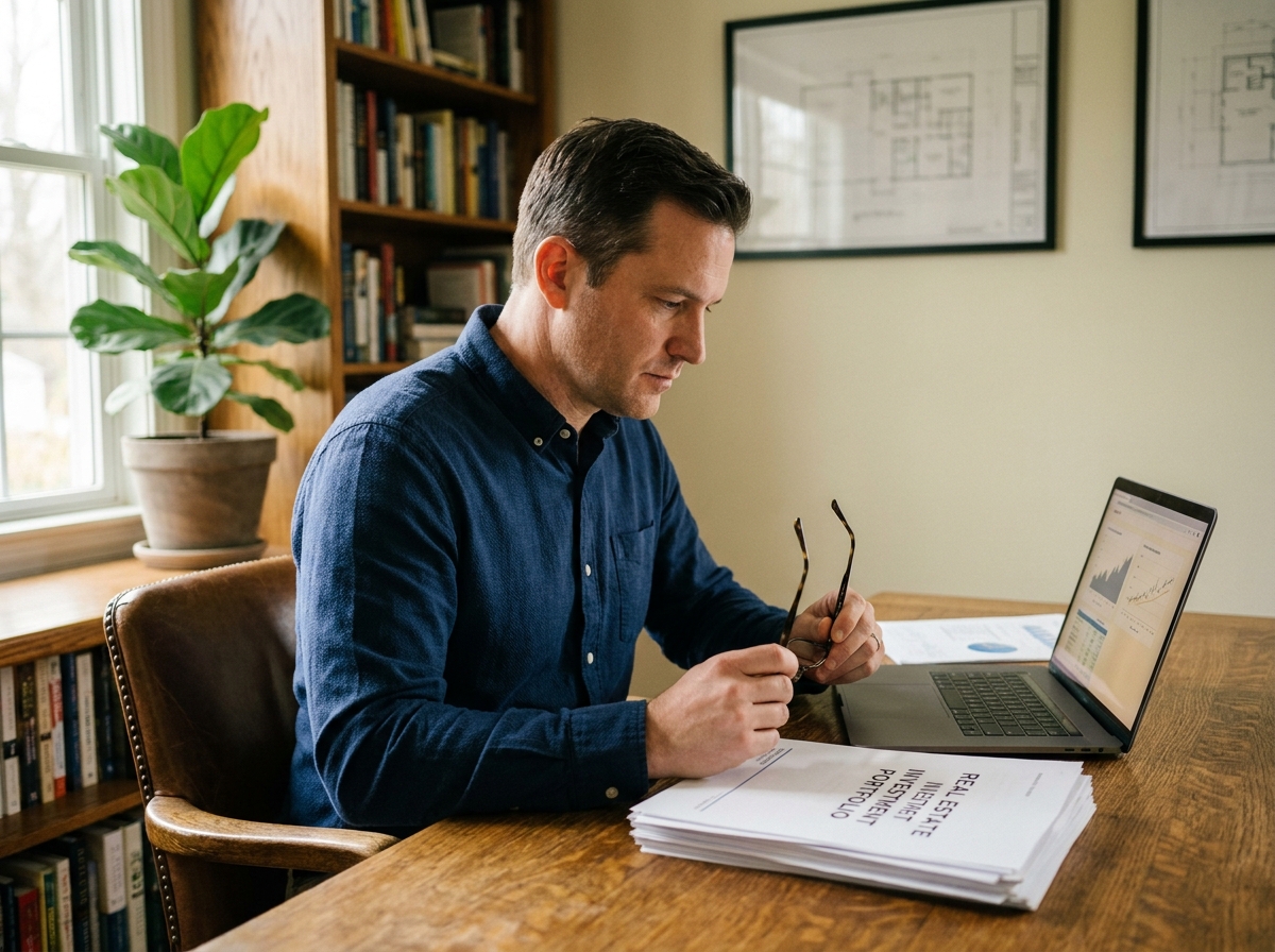 Homme consultant des documents d'investissement immobilier à son bureau, symbolisant la constitution d'un patrimoine immobilier