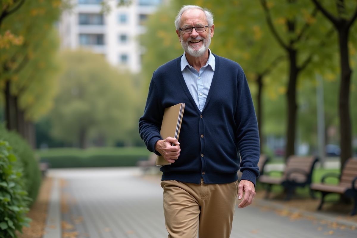 Homme âgé marchant dans un parc urbain
