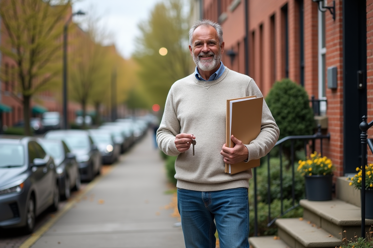 Homme souriant avec clés devant une maison en briques